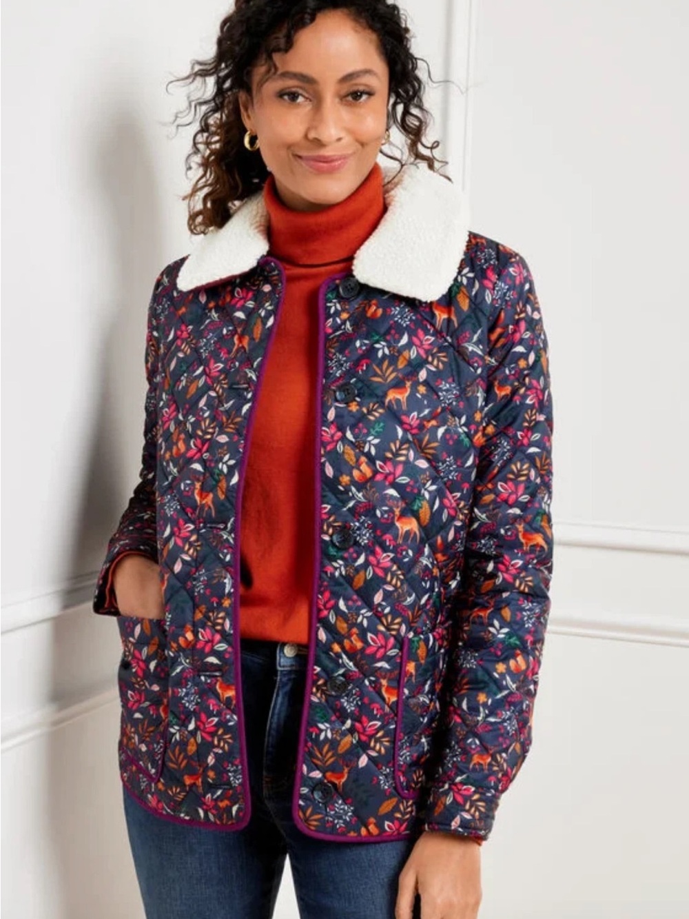 NWT Talbots Quilted Bomber Jacket Woodland Ditsy Faux Fur Collar Fox Deer P S